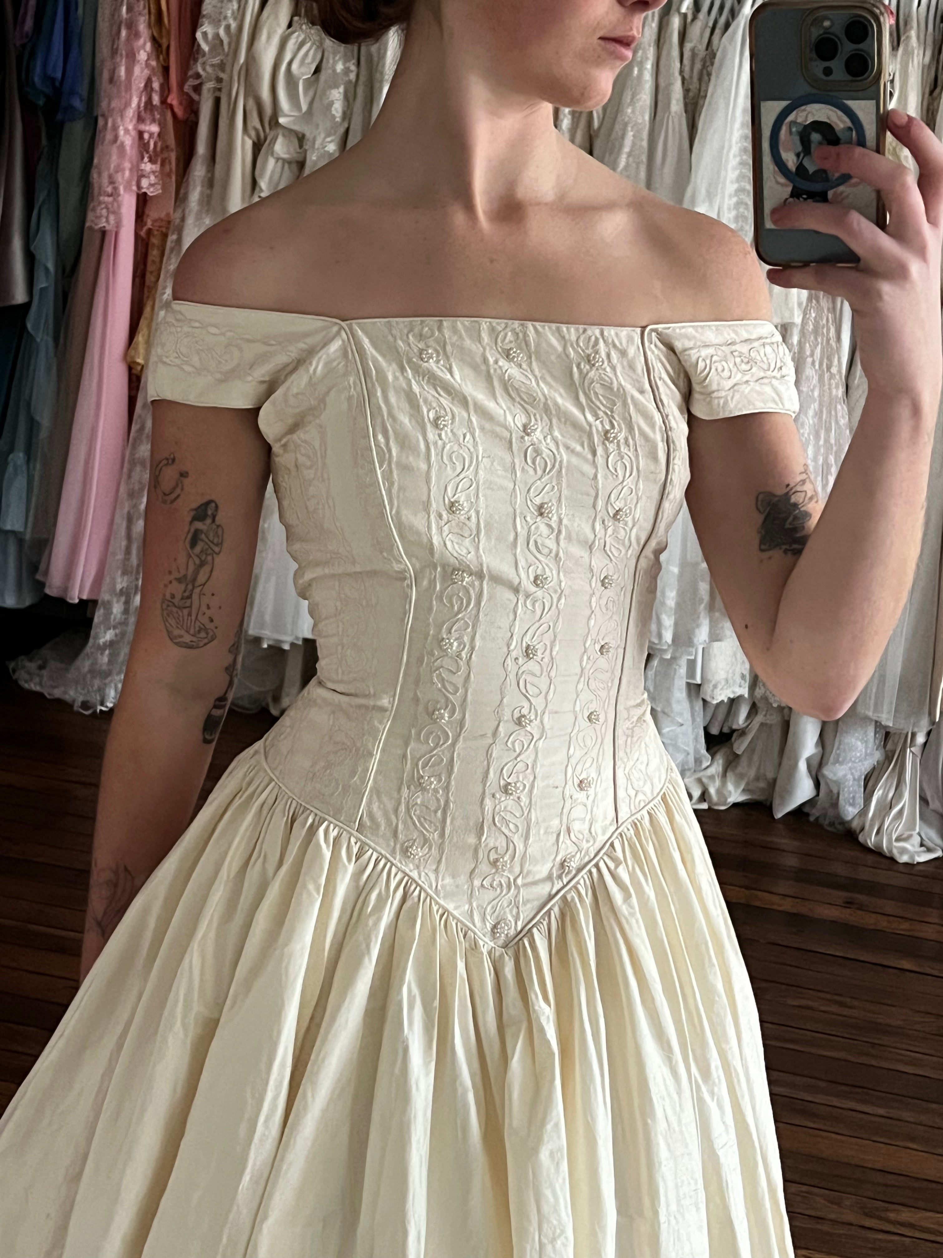 90s Raw Silk Embroidered Corset Dress