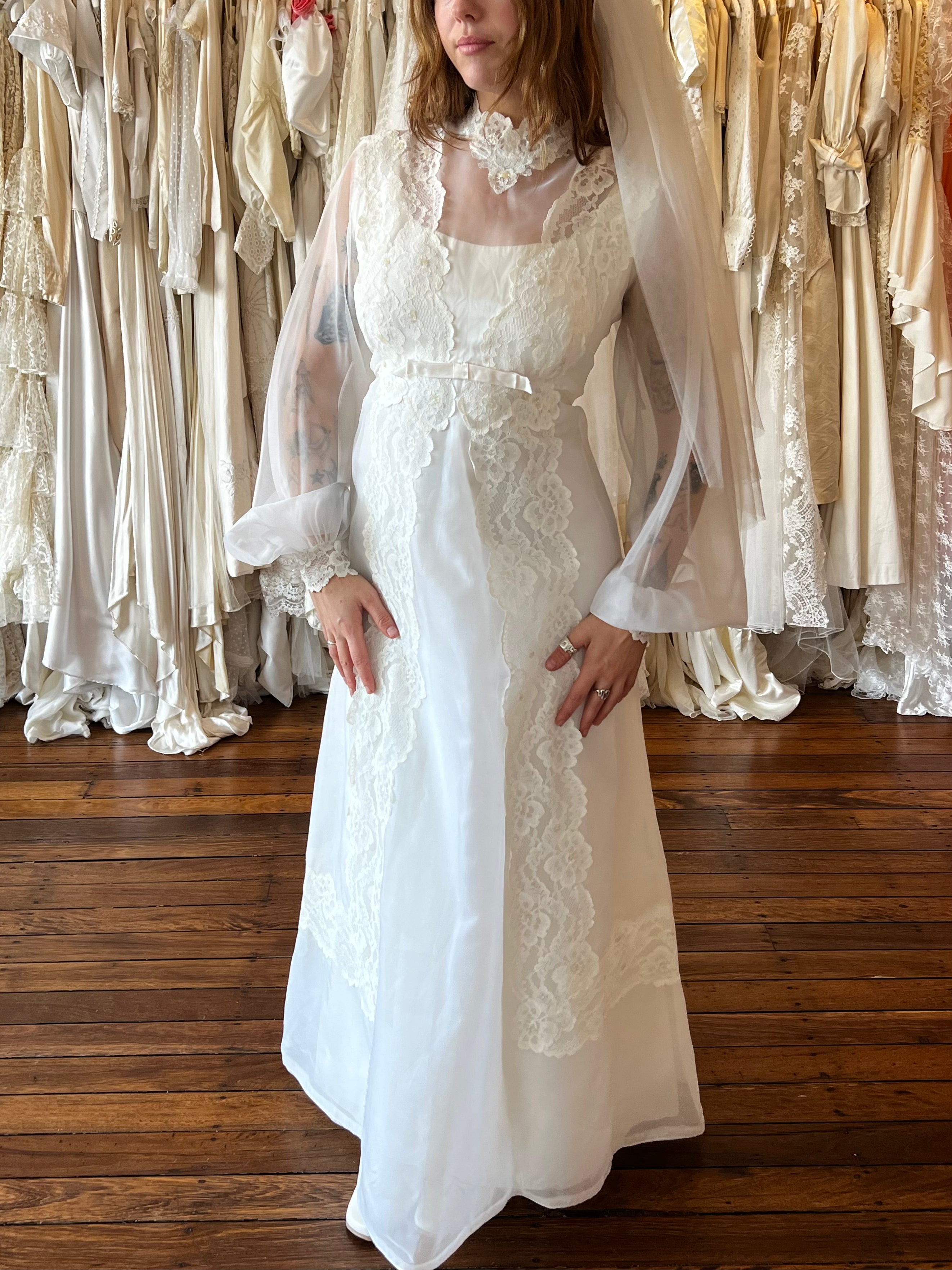 1973 Lace Detail Empire Dress with Detachable Train