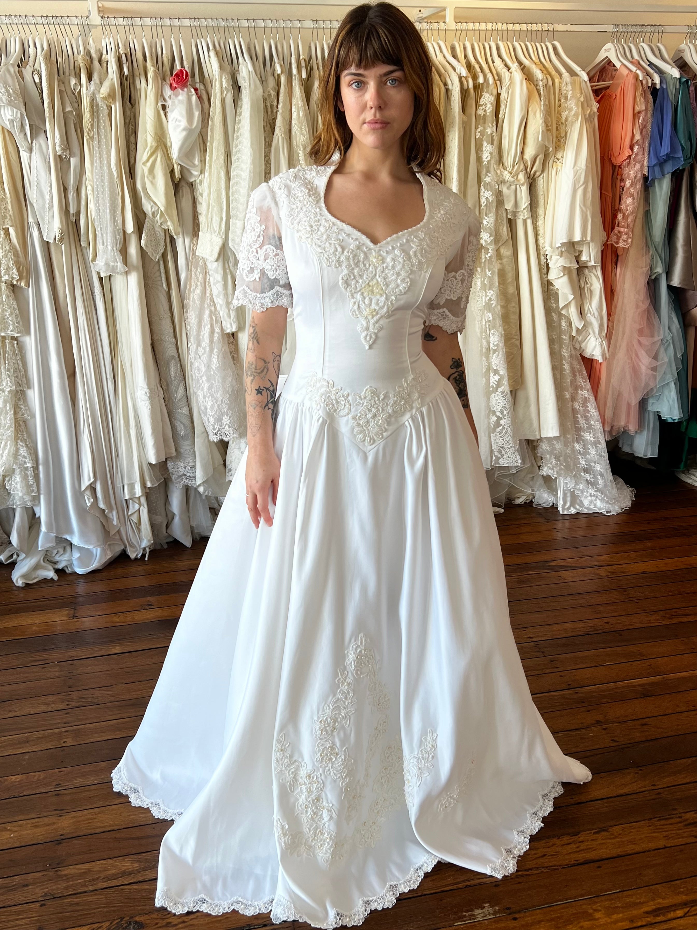 80s Beaded Lace Drop Basque Waist Dress with Removable Sleeves