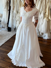 80s Beaded Lace Drop Basque Waist Dress with Removable Sleeves
