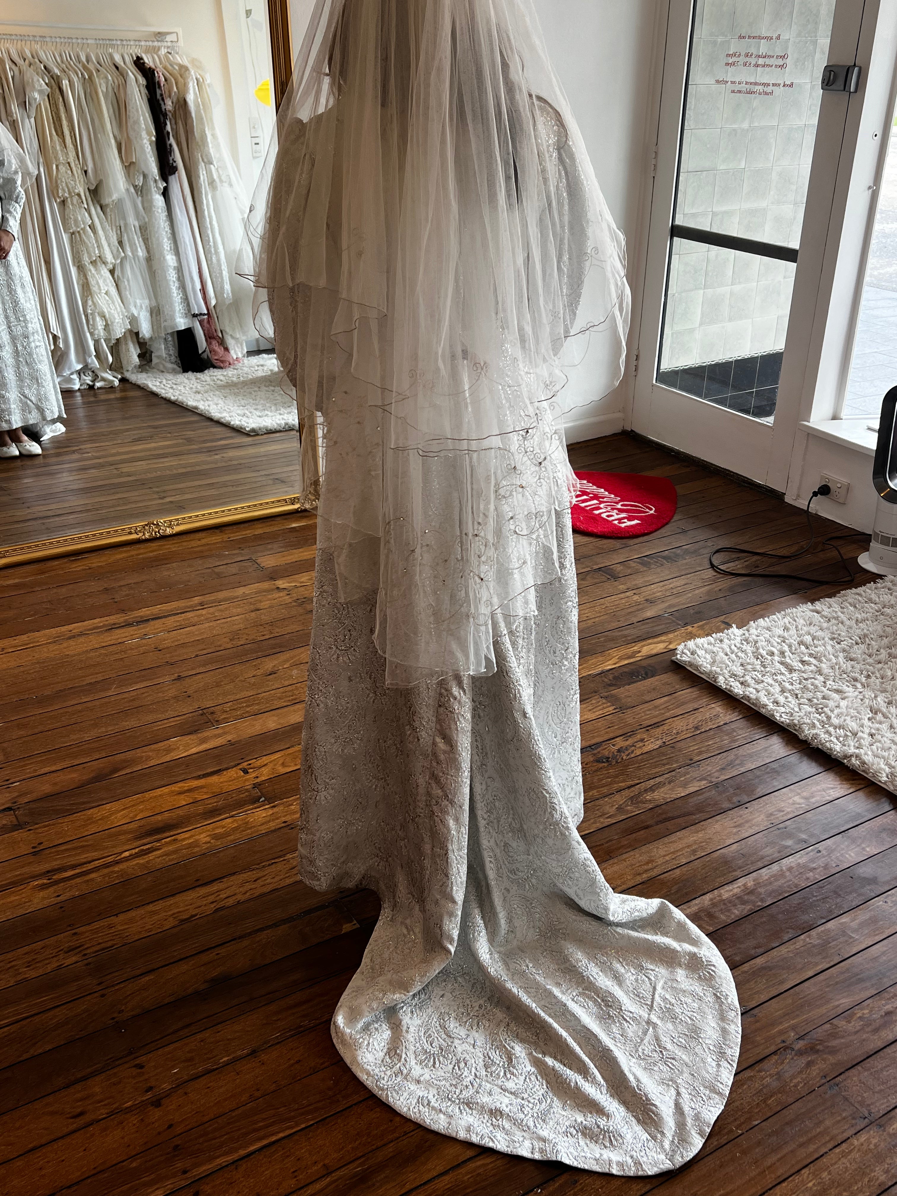 1975 Metallic Silver Embroidery Empire Dress