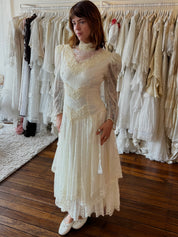 80s Susanne Kitson Layered Lace Mock-neckline Dress