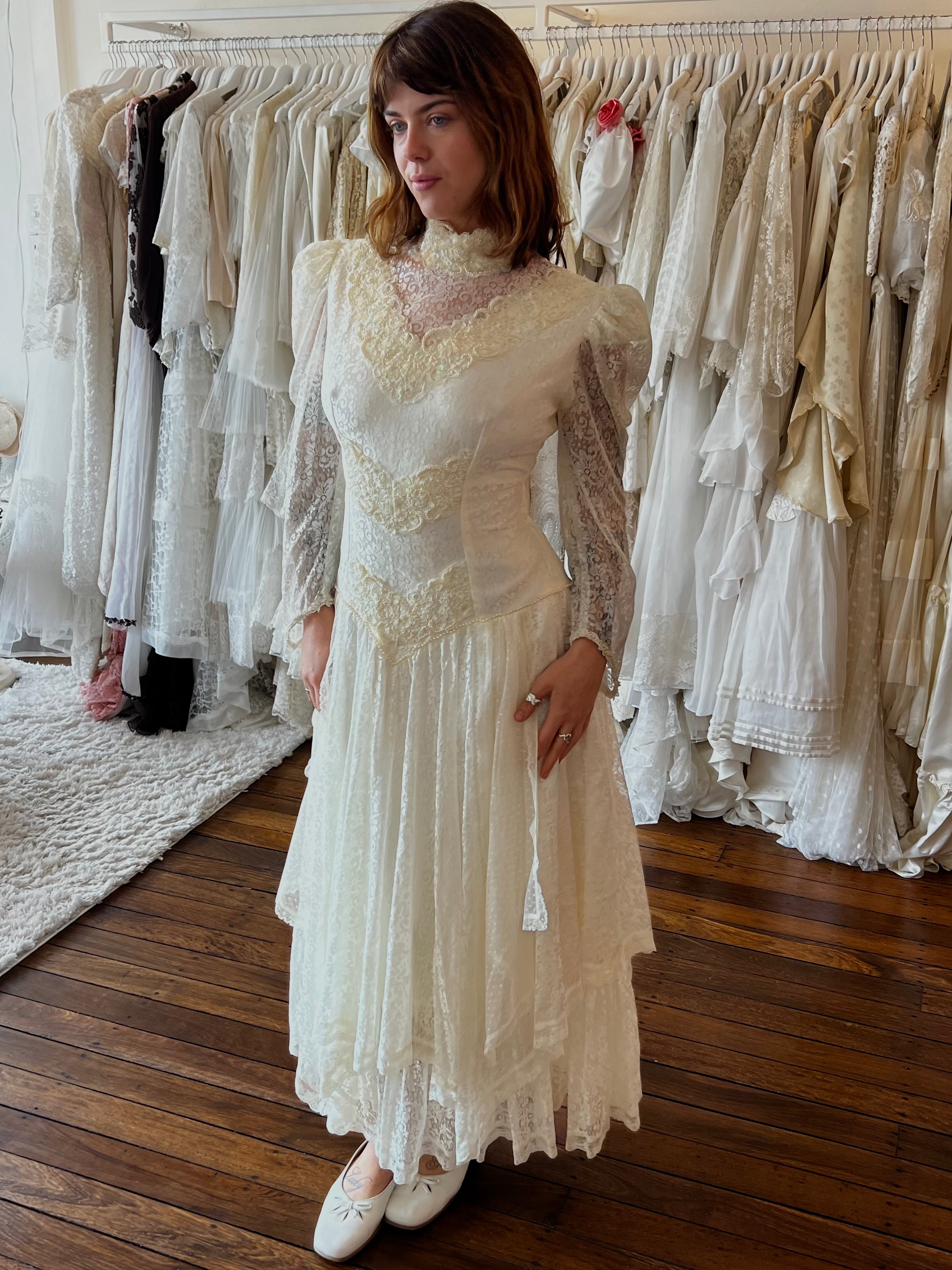 80s Susanne Kitson Layered Lace Mock-neckline Dress