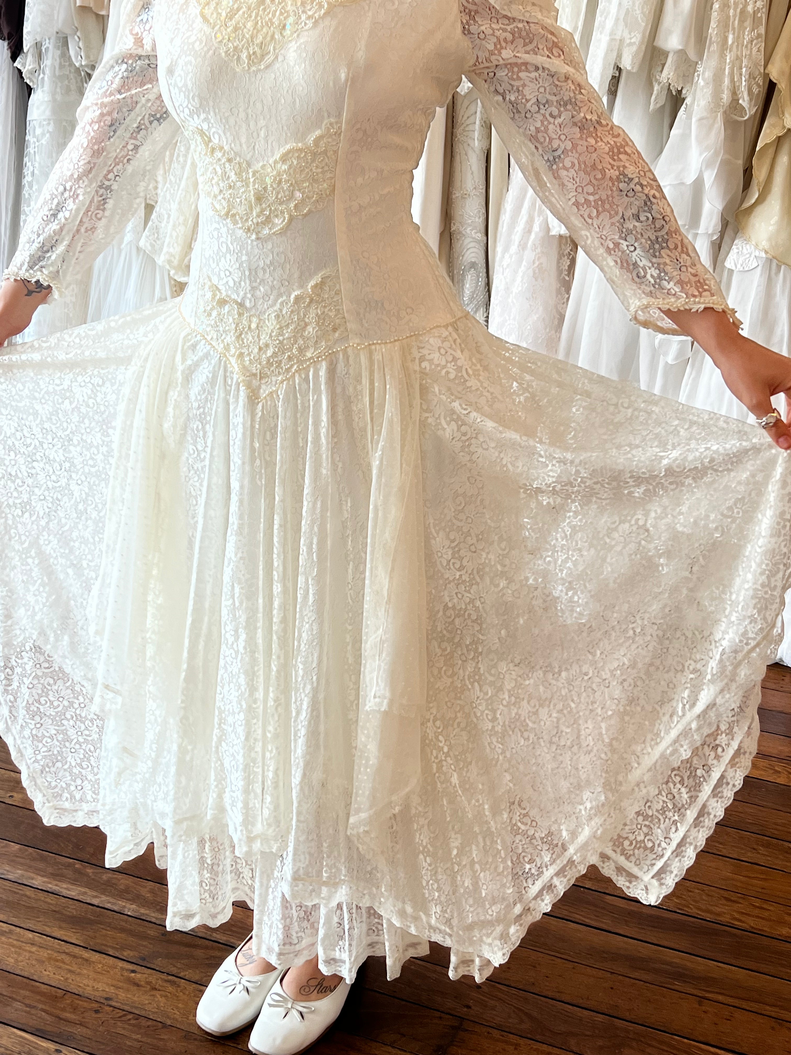80s Susanne Kitson Layered Lace Mock-neckline Dress