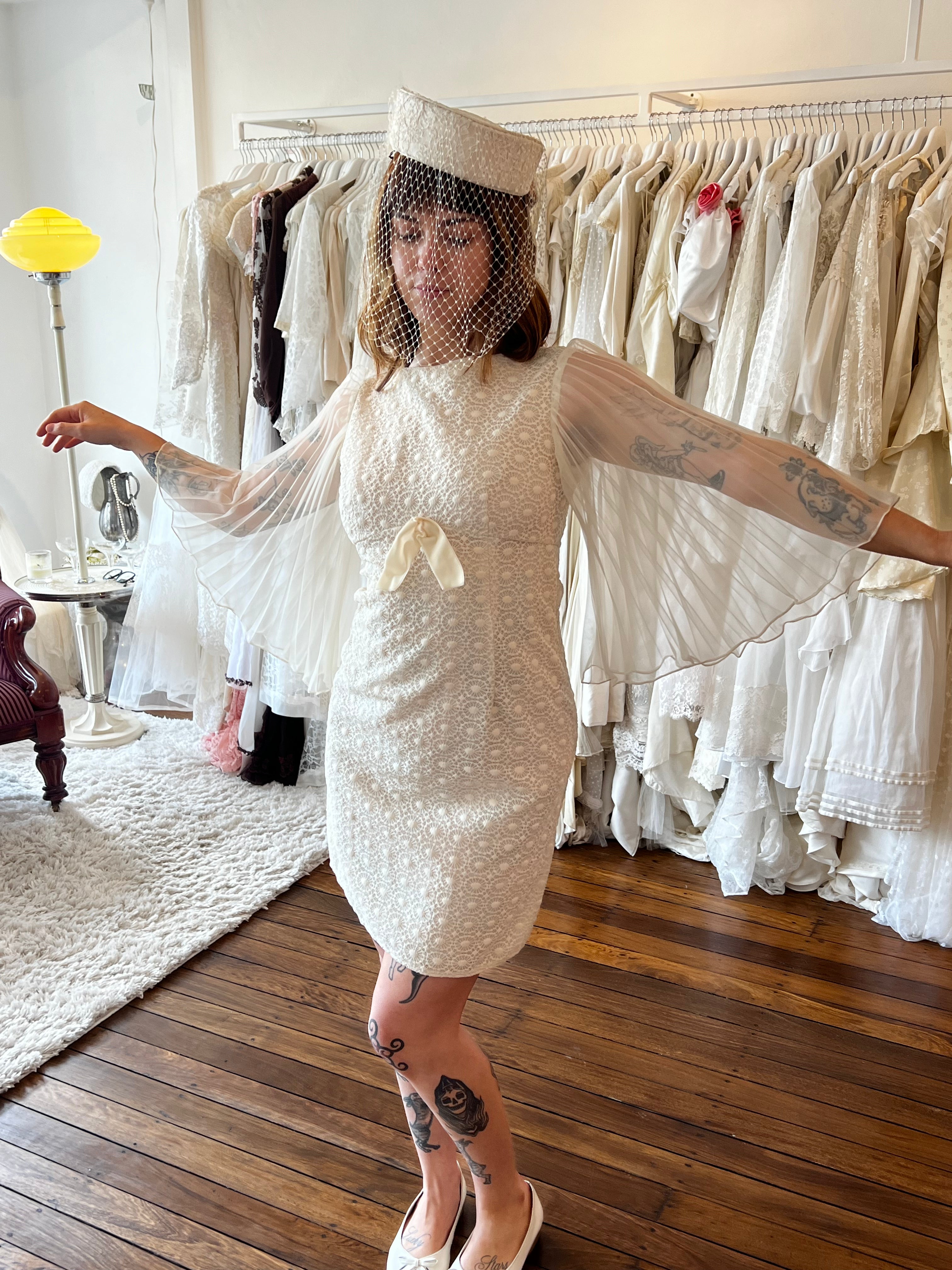 70s Pleated Chiffon Bell Sleeve Venice Lace Mini