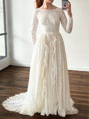 60s Alençon Lace Tulle Ruffle Trim Dress