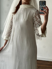 60s Chiffon and Guipure Lace Sleeve Shift Dress