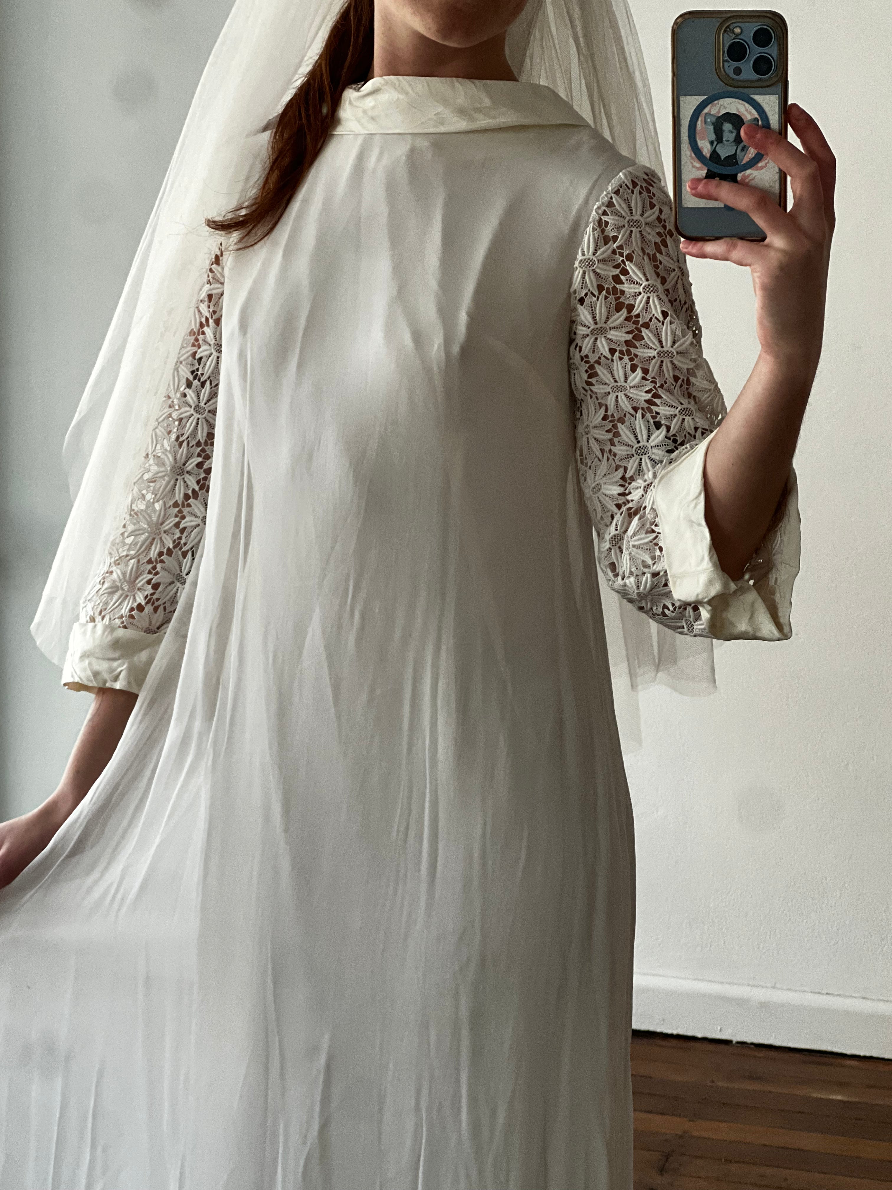 60s Chiffon and Guipure Lace Sleeve Shift Dress