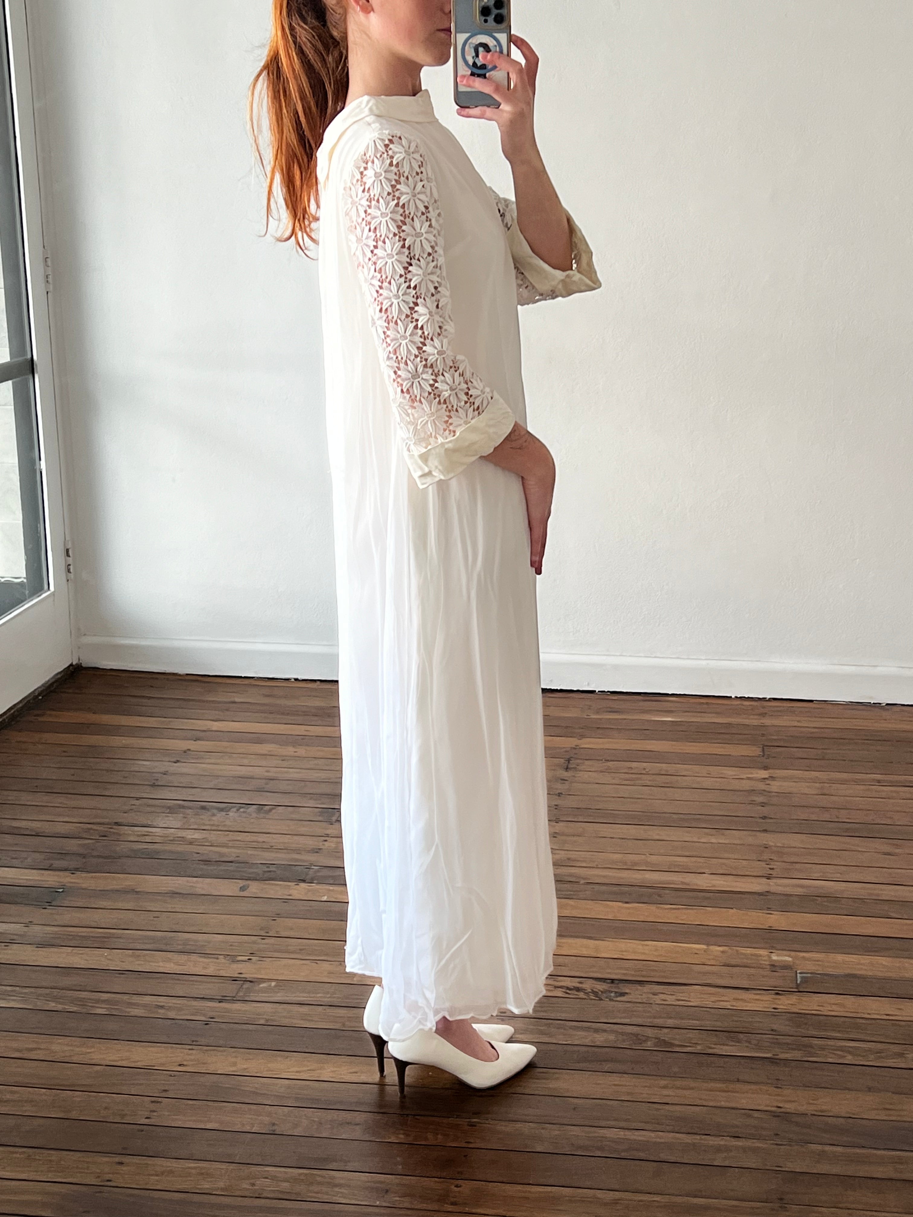 60s Chiffon and Guipure Lace Sleeve Shift Dress