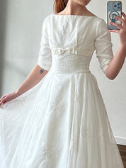 70s Frank Stuart Bateau Silver Floral Embroidery Dress