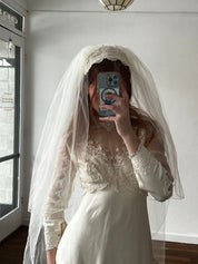 70s Venetian Lace Adorned Headband Veil with Blusher