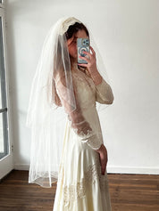 70s Venetian Lace Adorned Headband Veil with Blusher