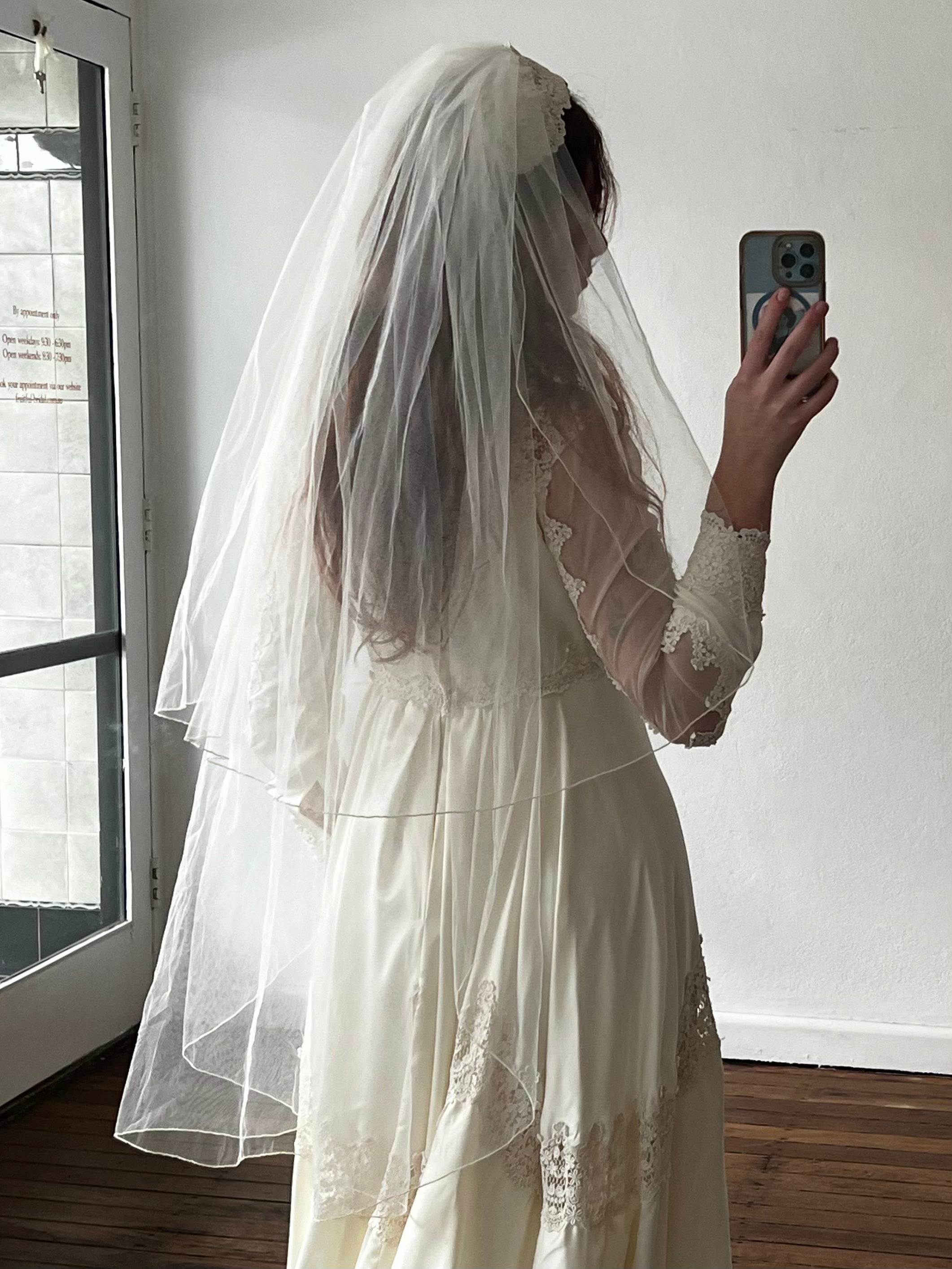 70s Venetian Lace Adorned Headband Veil with Blusher