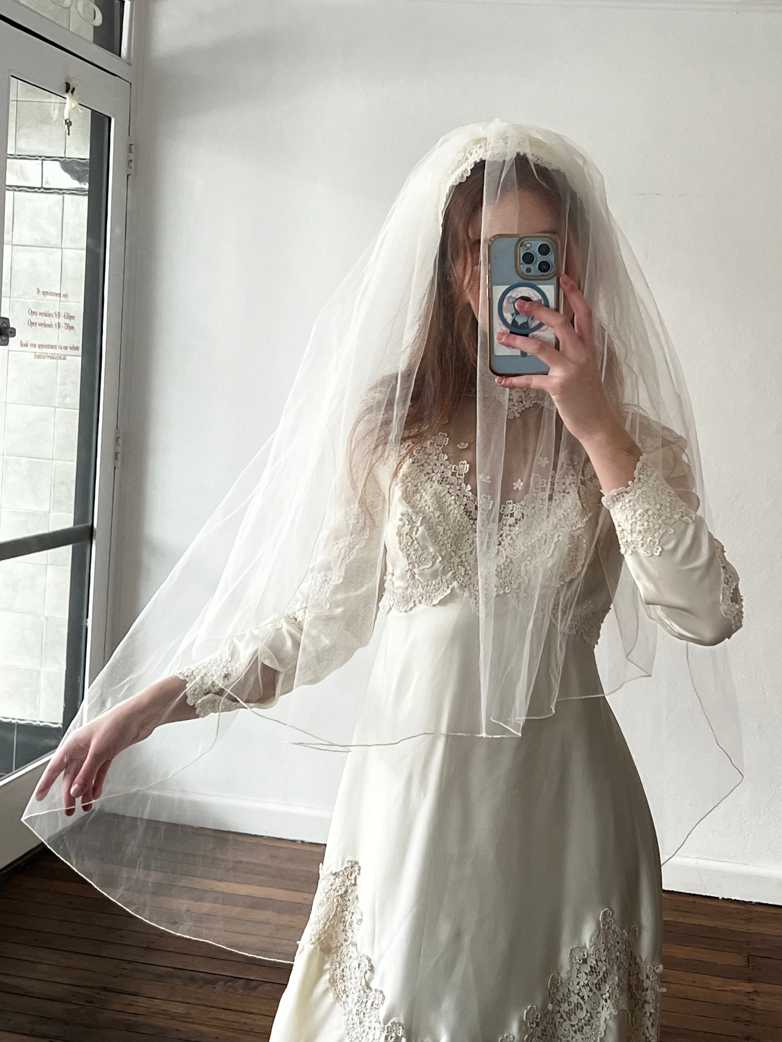 70s Venetian Lace Adorned Headband Veil with Blusher