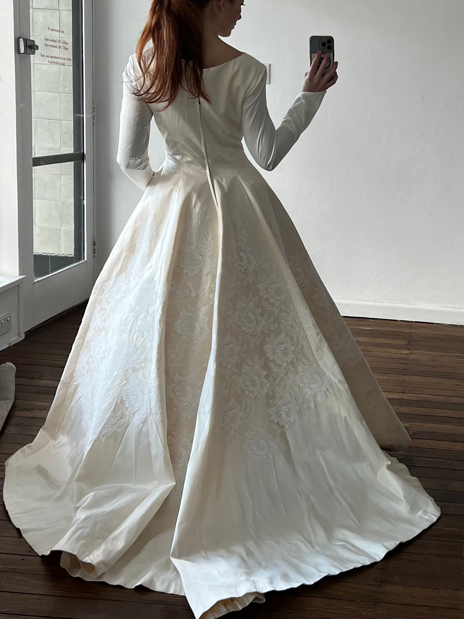 50s Lace Detail Empire Long Sleeve Ballgown