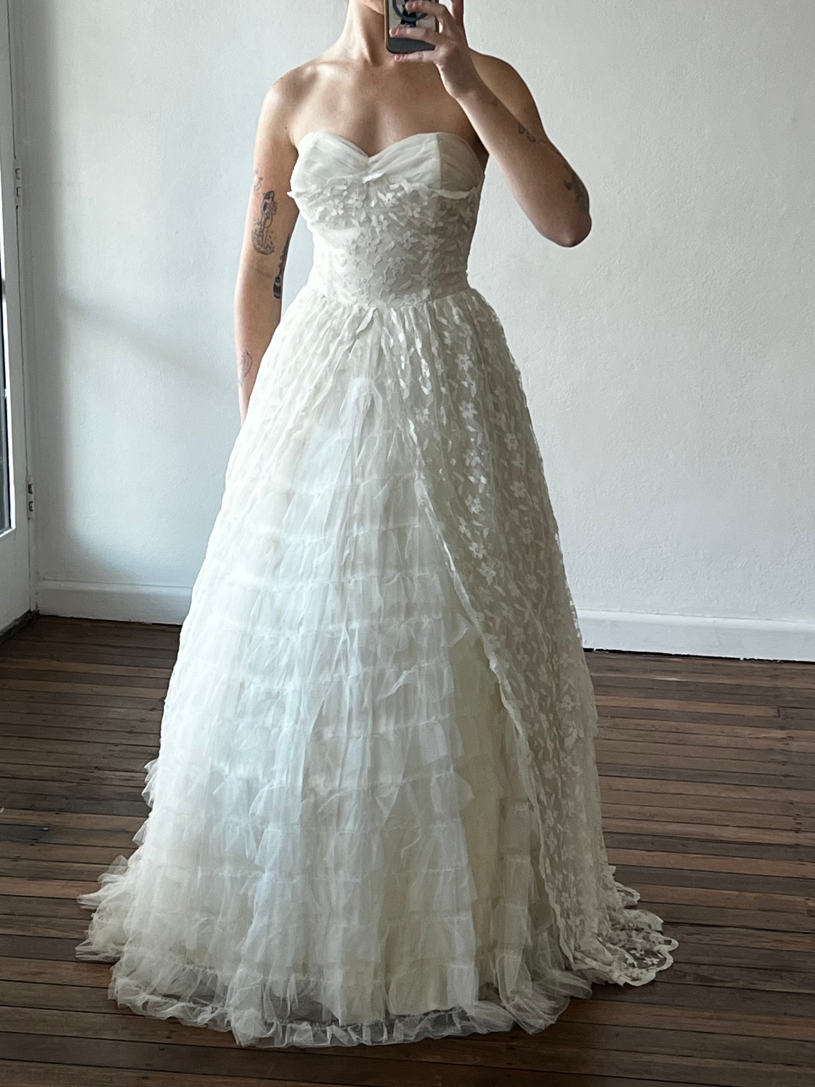 50s Strapless Tiered Tulle Polonaise dress