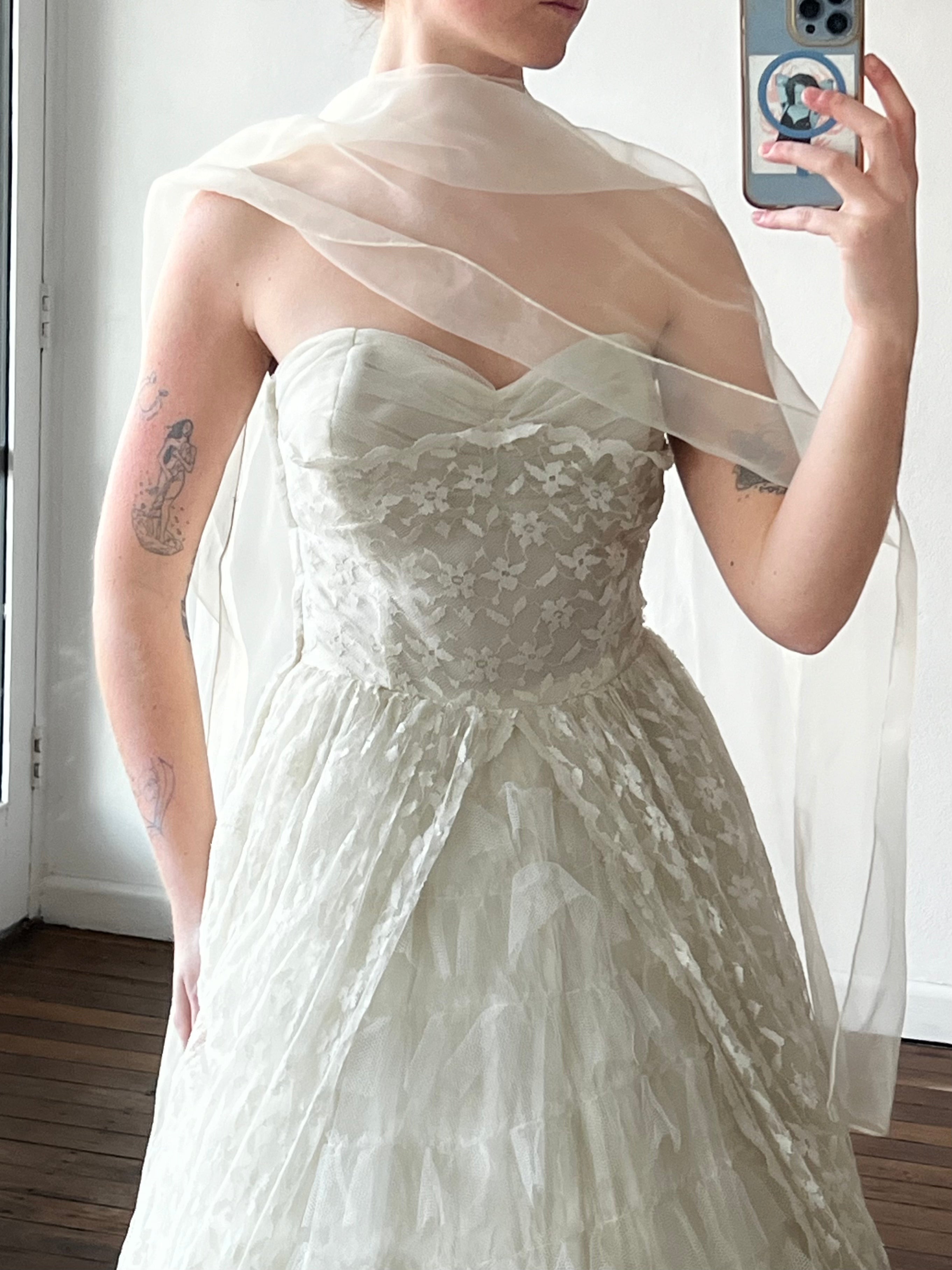 50s Strapless Tiered Tulle Polonaise dress