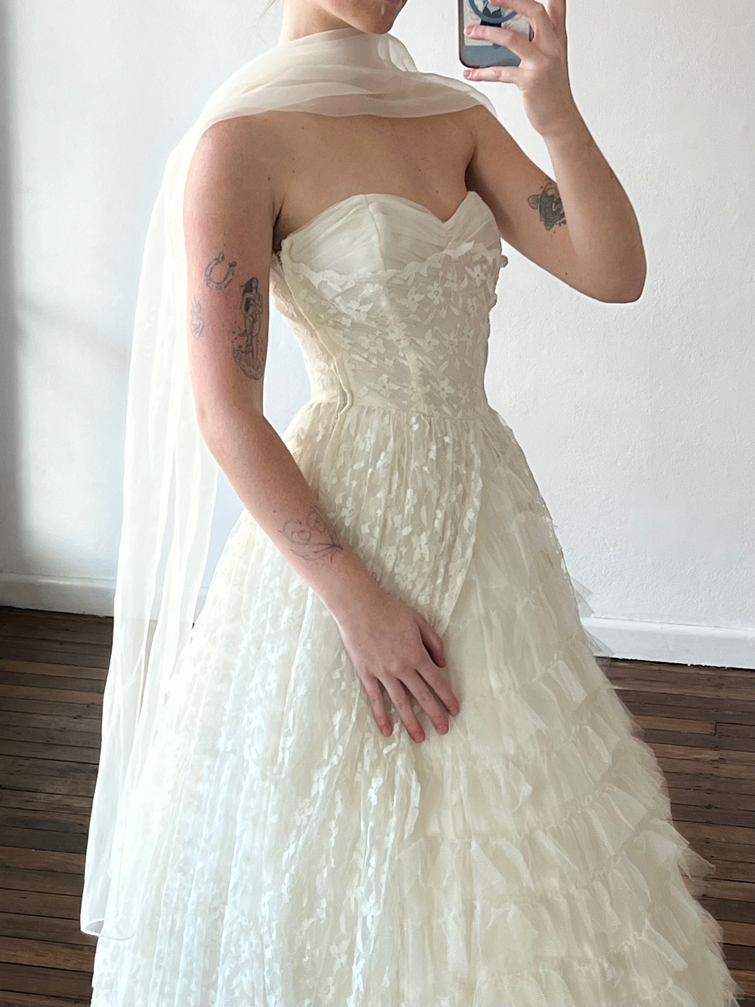 50s Strapless Tiered Tulle Polonaise dress