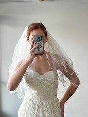 60s Scalloped Floral Embroidered Trim Triple Tier Veil