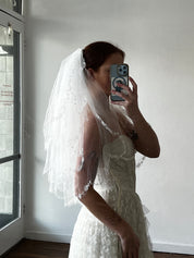 60s Scalloped Floral Embroidered Trim Triple Tier Veil