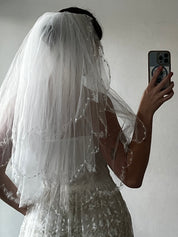 60s Scalloped Floral Embroidered Trim Triple Tier Veil