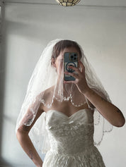 60s Scalloped Floral Embroidered Trim Triple Tier Veil
