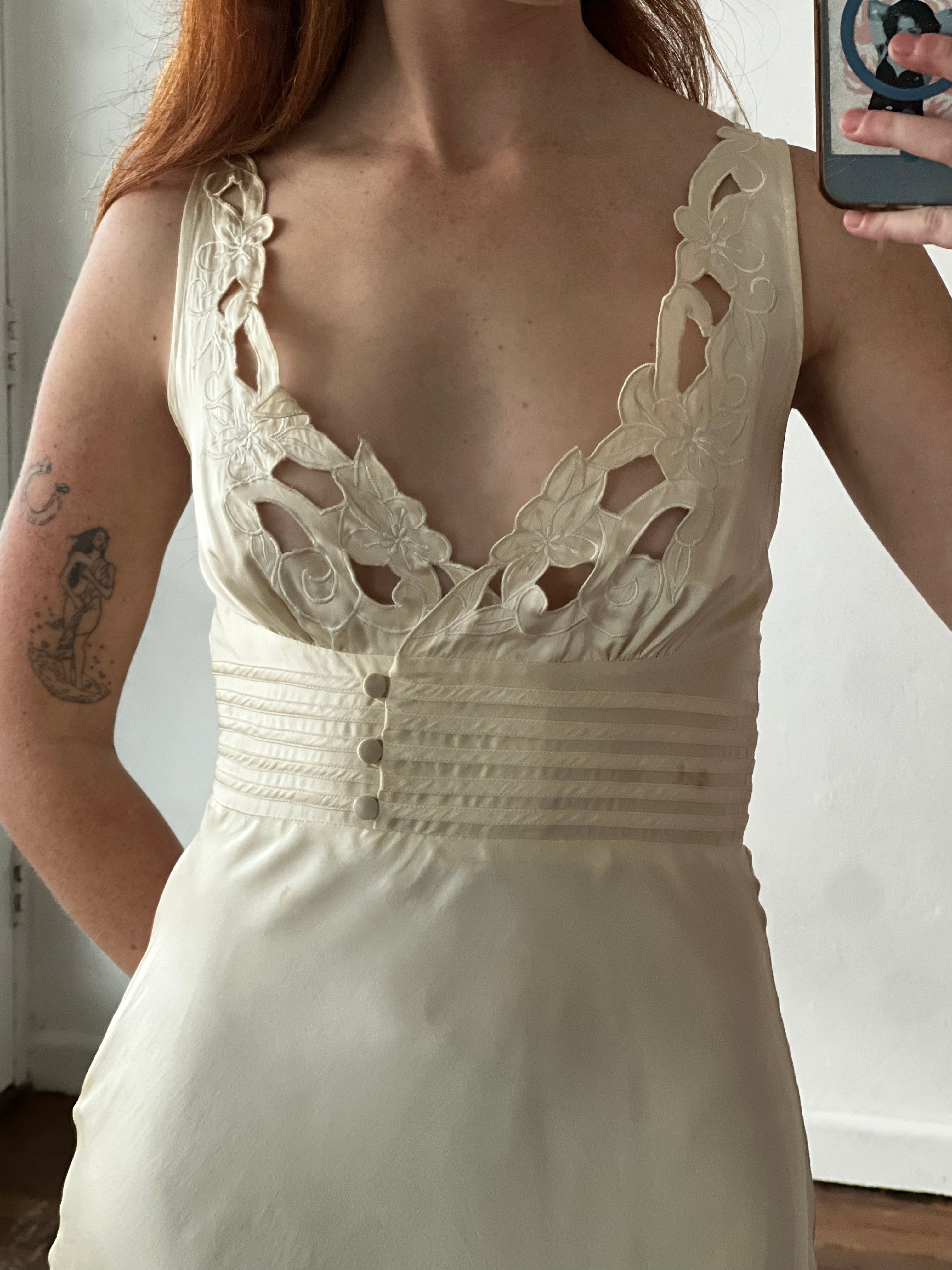 40s Silk Floral Cut-out Neckline Dress