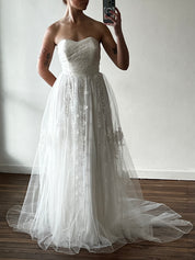 50s Strapless Lace Detail Tulle Dress