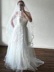 60s Lace Trim Cathedral Veil with Blusher
