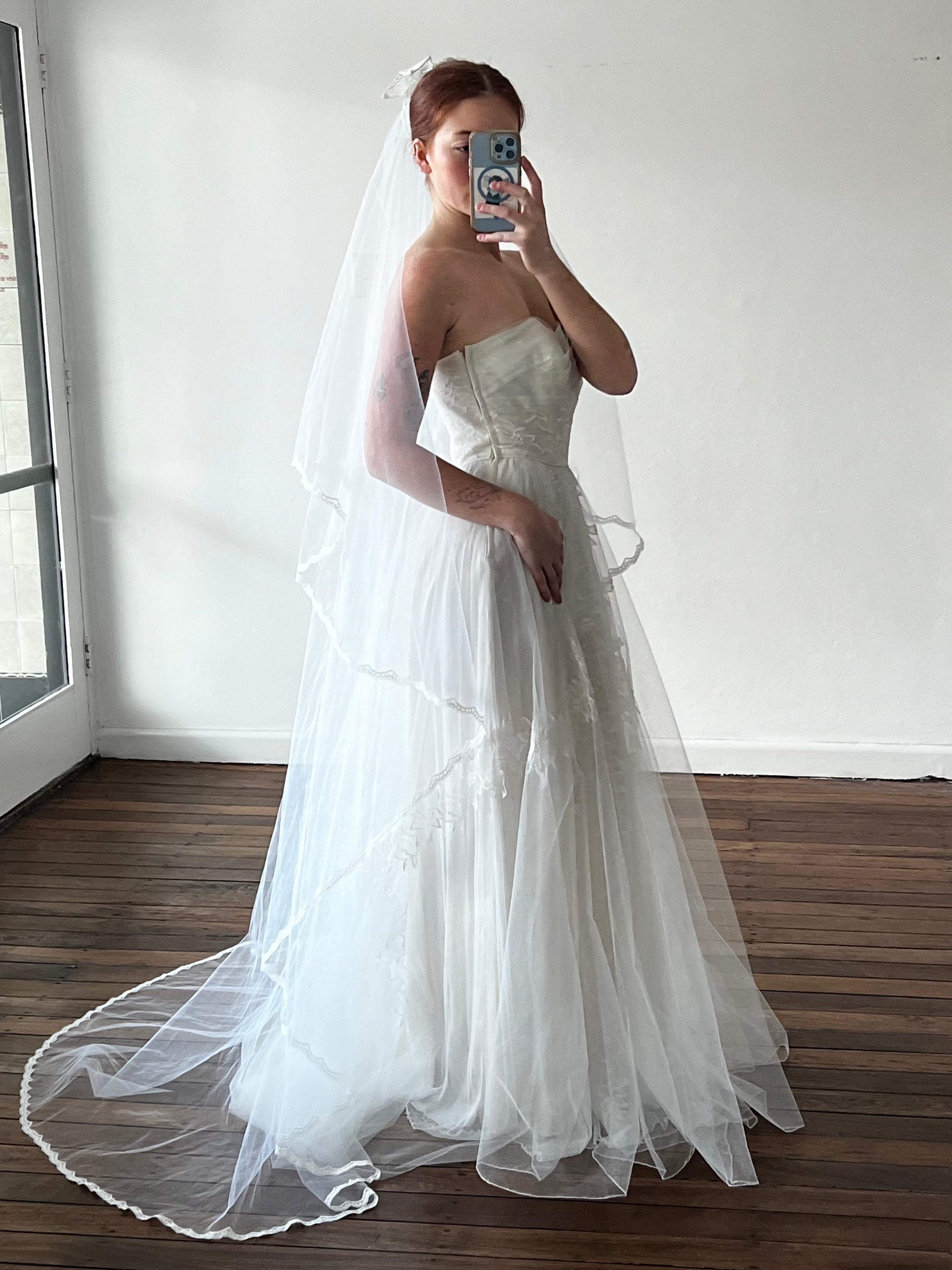 60s Lace Trim Cathedral Veil with Blusher