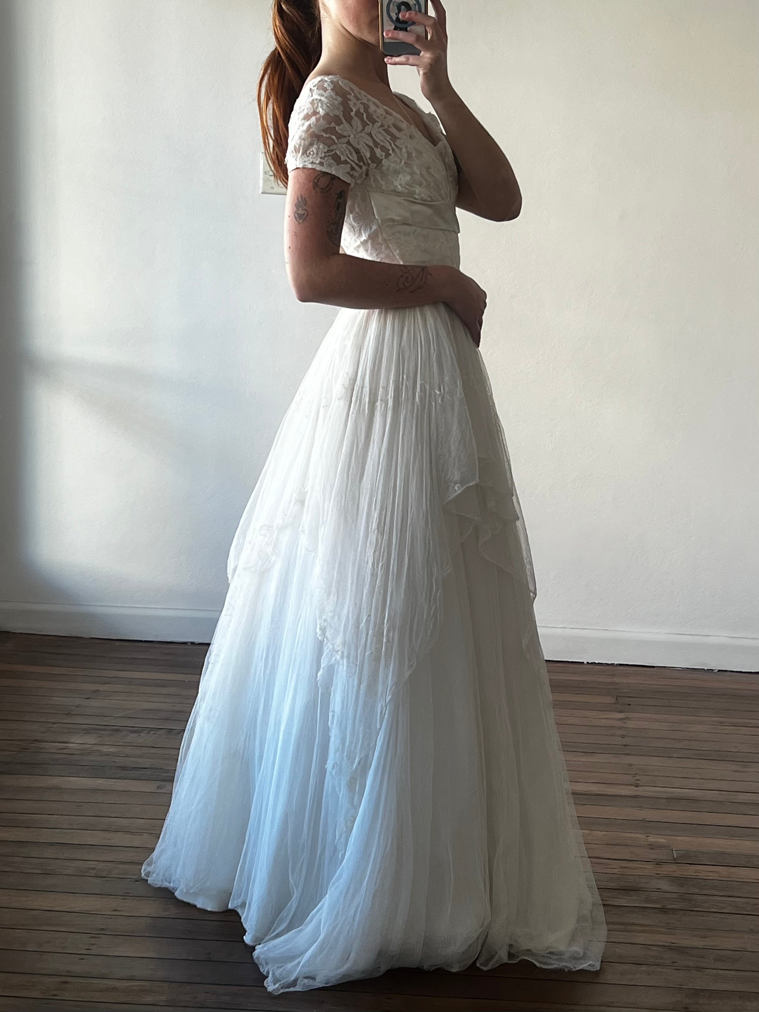 1941 Tambour Silk Tulle and Lace Dress
