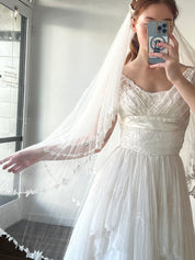 40s Silk Tulle Lace Trim Fingertip Juliet Cage Veil with Blusher