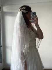 40s Silk Tulle Lace Trim Fingertip Juliet Cage Veil with Blusher