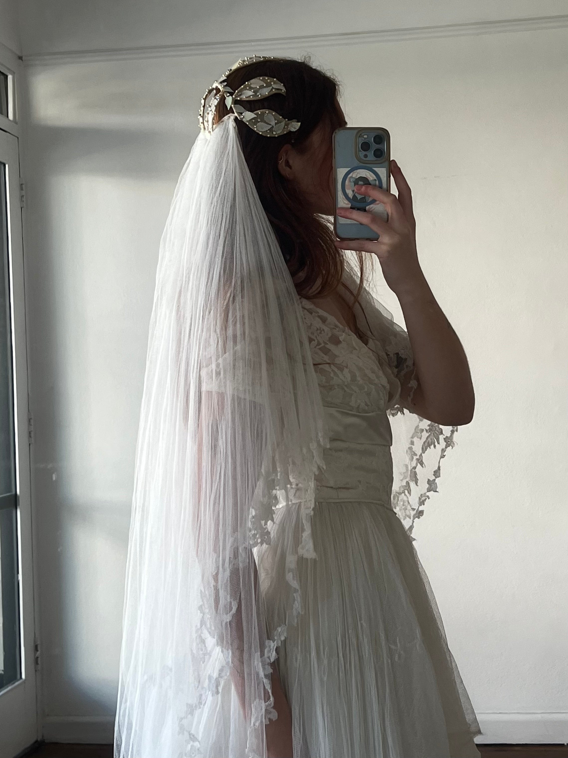 40s Silk Tulle Lace Trim Fingertip Juliet Cage Veil with Blusher