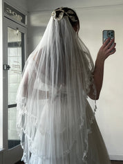 40s Silk Tulle Lace Trim Fingertip Juliet Cage Veil with Blusher