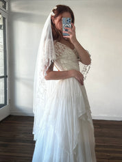 40s Silk Tulle Lace Trim Fingertip Juliet Cage Veil with Blusher