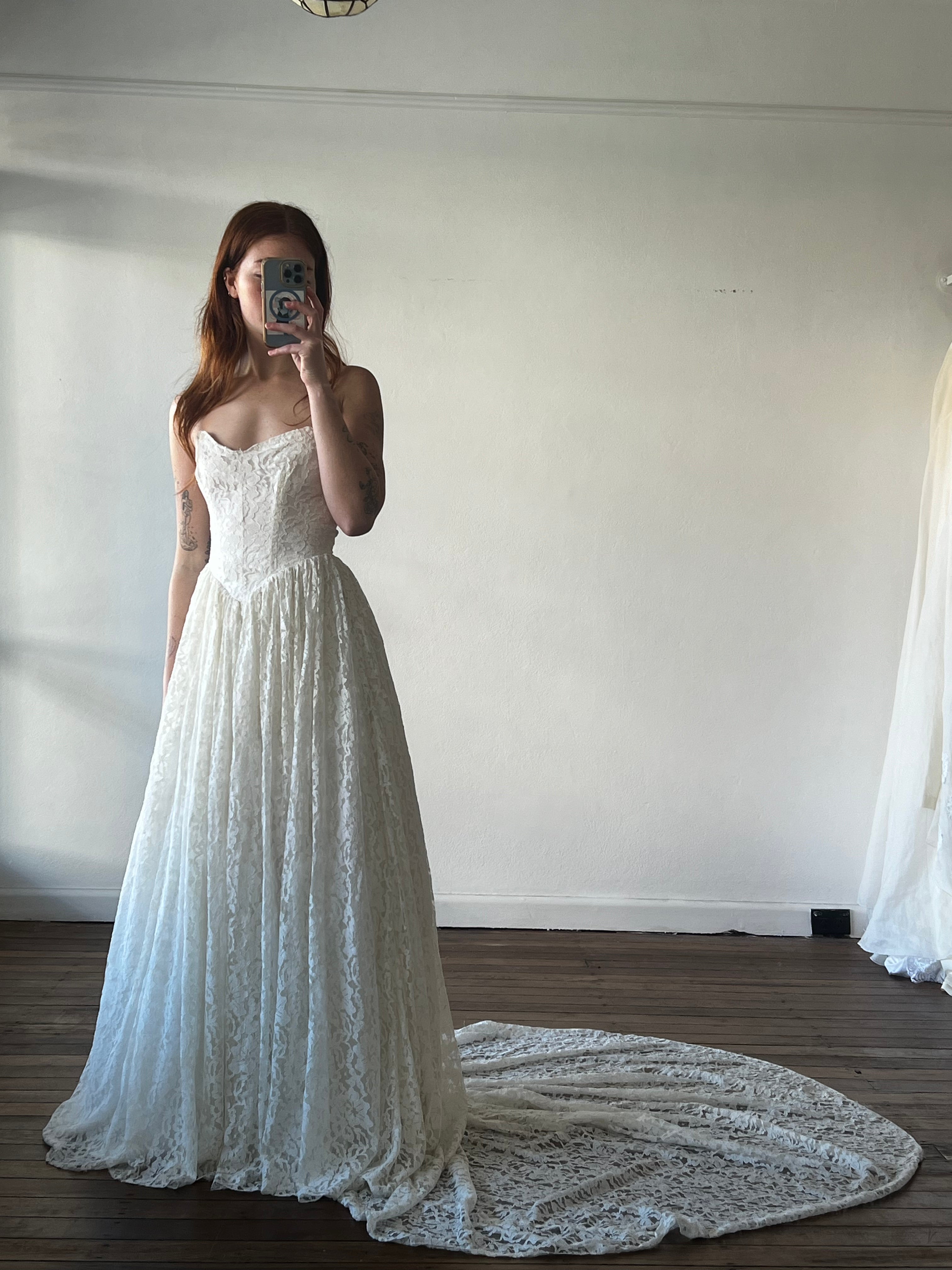 1940s Strapless Lace Basque Waist Dress