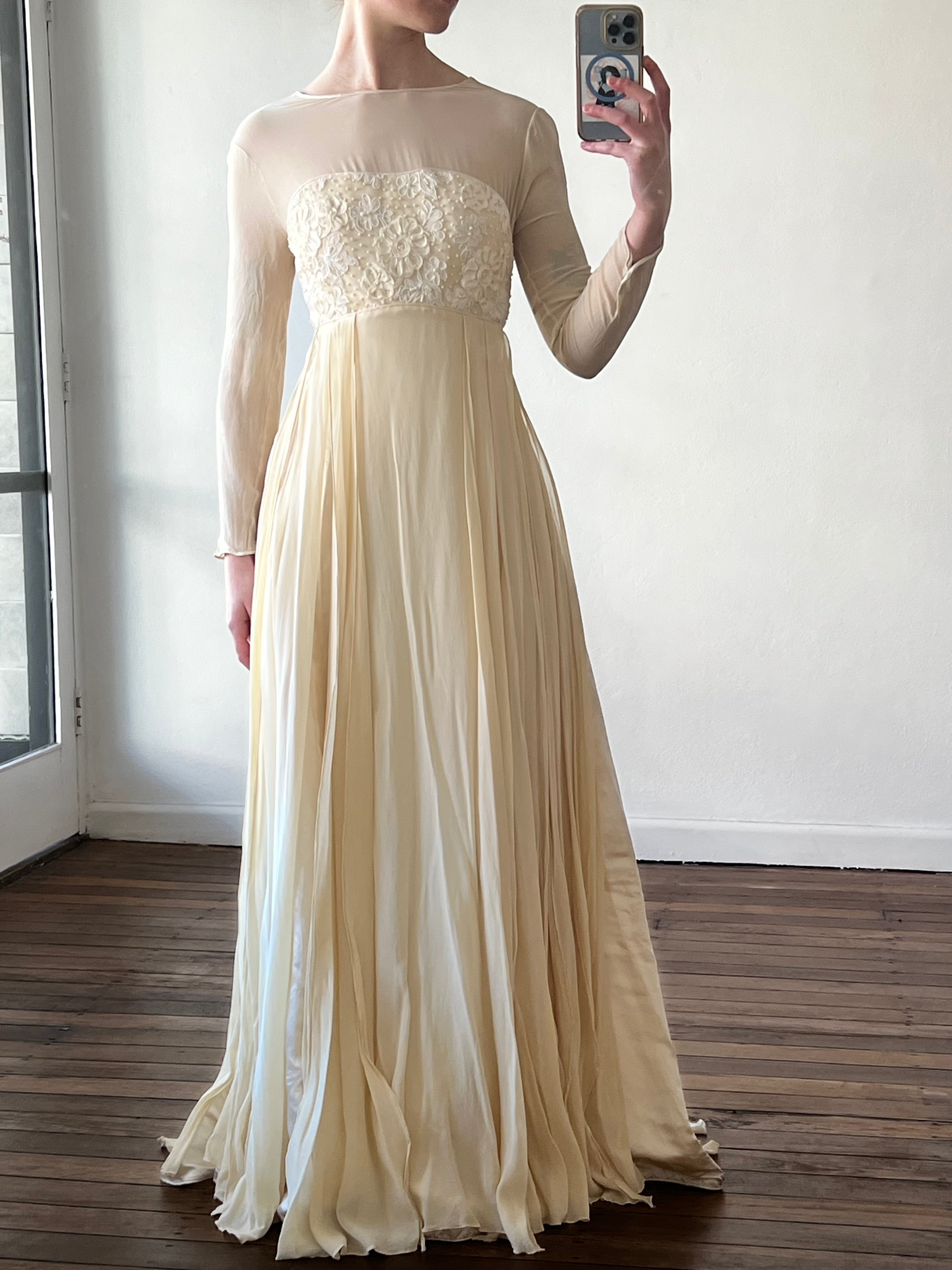 Dead-stock 90s Draped Silk Chiffon Beaded Empress Dress