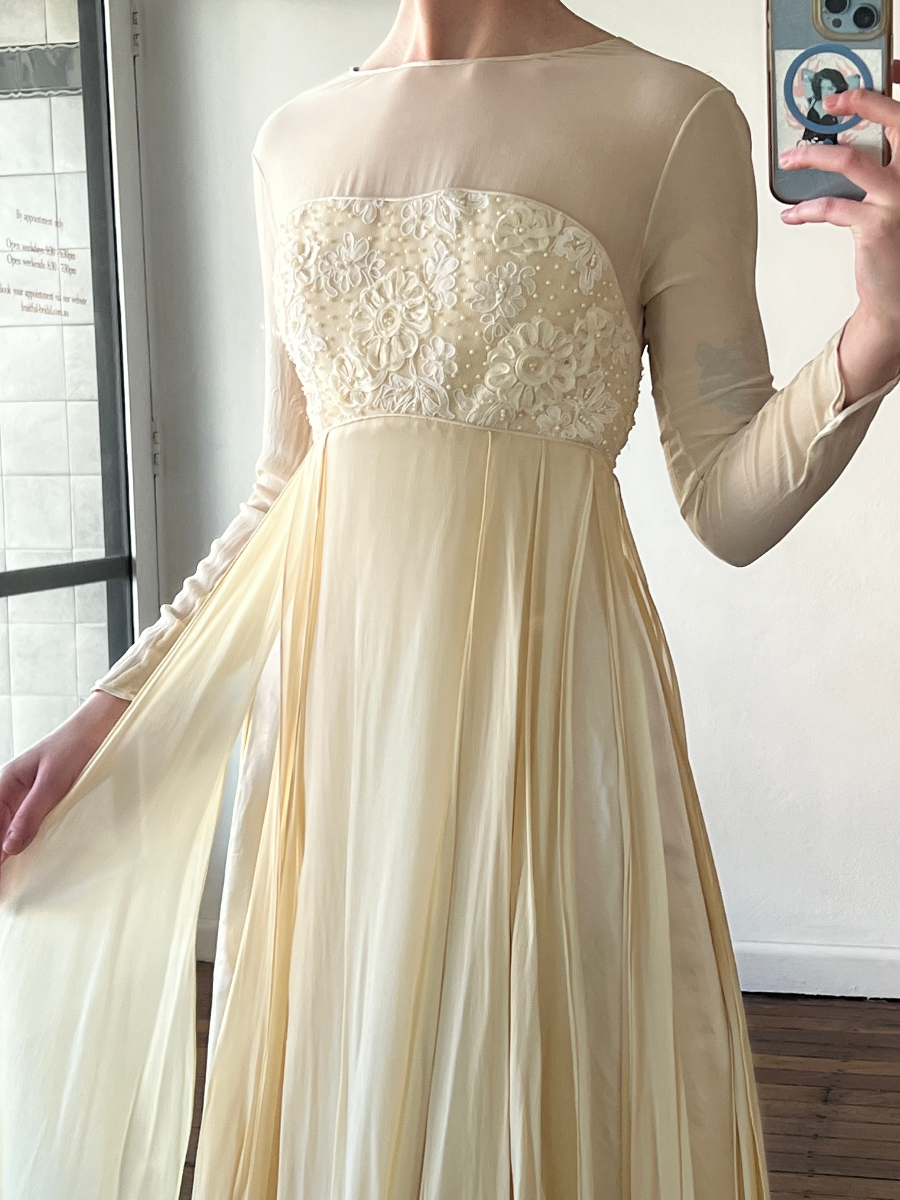 Dead-stock 90s Draped Silk Chiffon Beaded Empress Dress