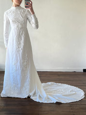 70s High Neck Scalloped Lace Detail Dress
