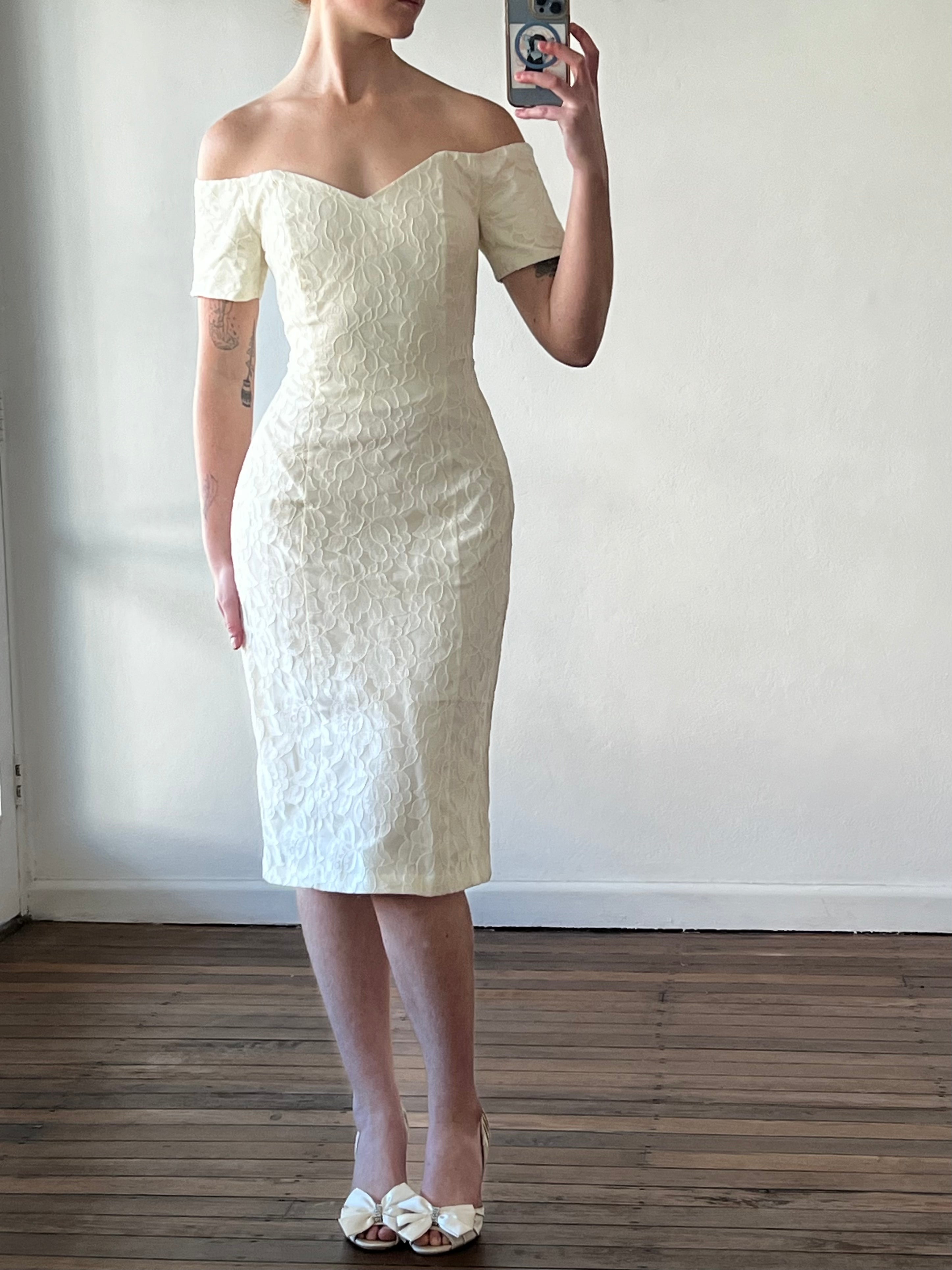 80s Lace Off-the-shoulder Bodycon Midi