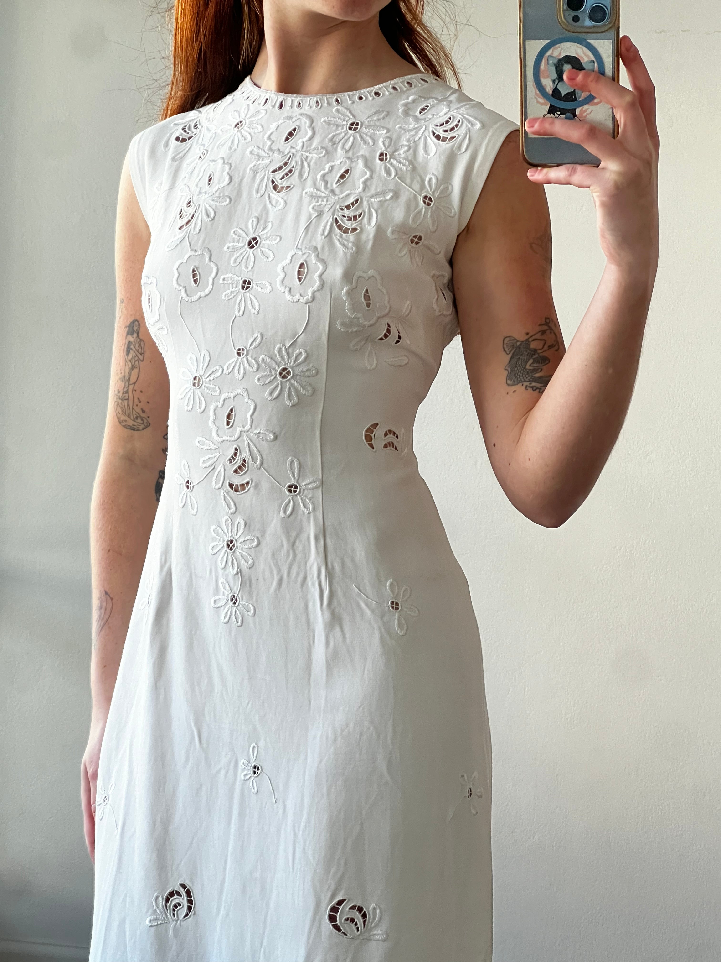 60s Embroidered Cotton Sheath Mini