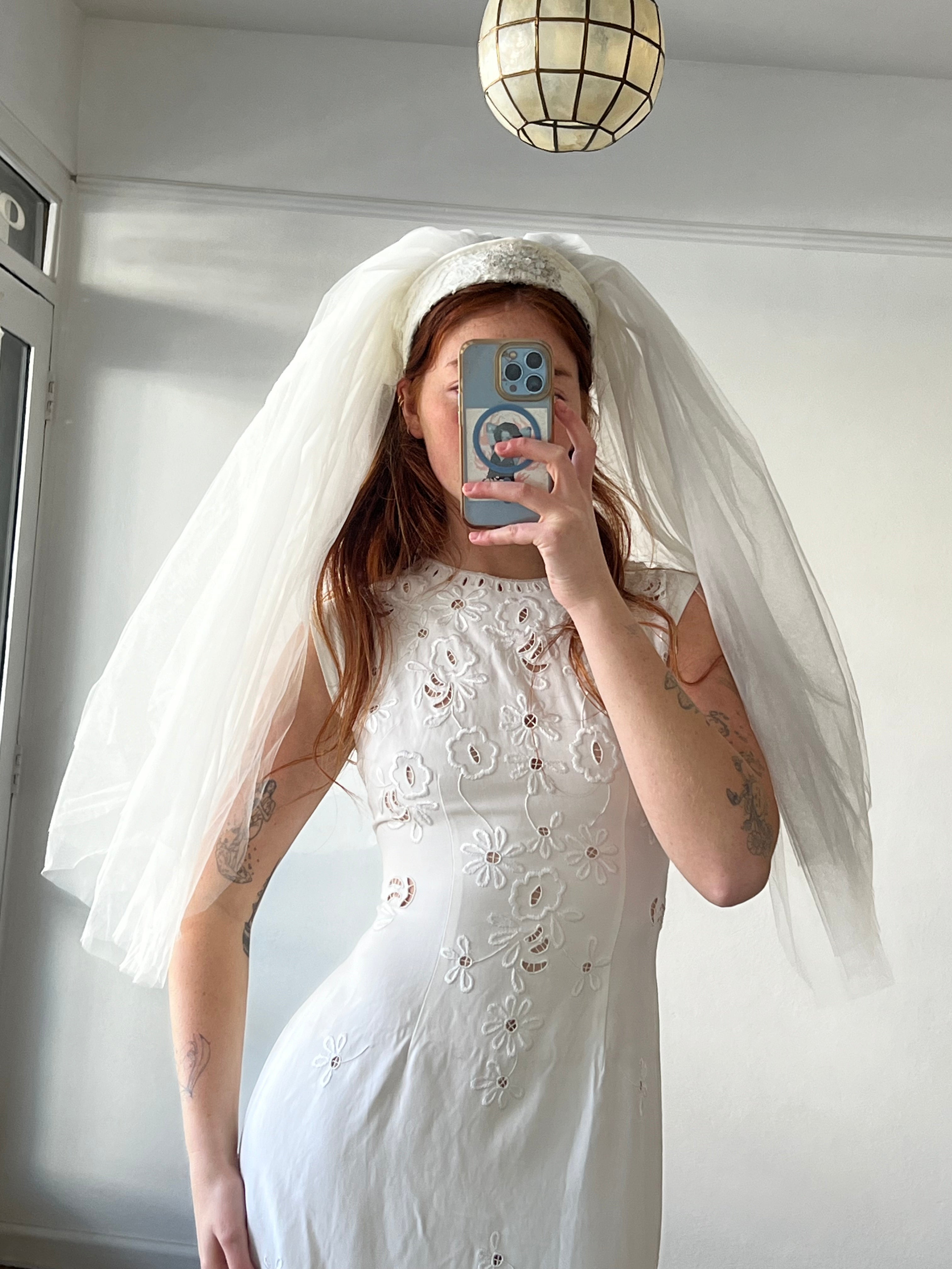 60s Elbow Length Beaded Lace Headband Bouffant Veil
