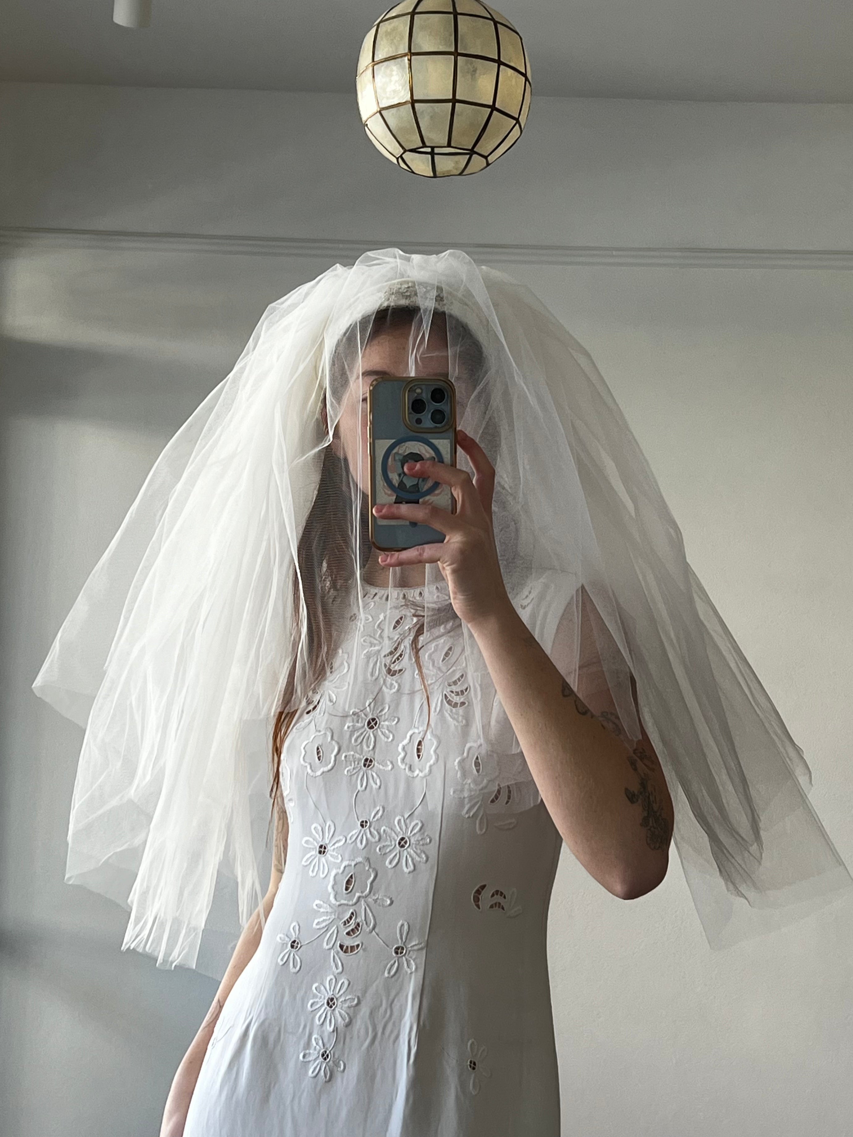 60s Elbow Length Beaded Lace Headband Bouffant Veil