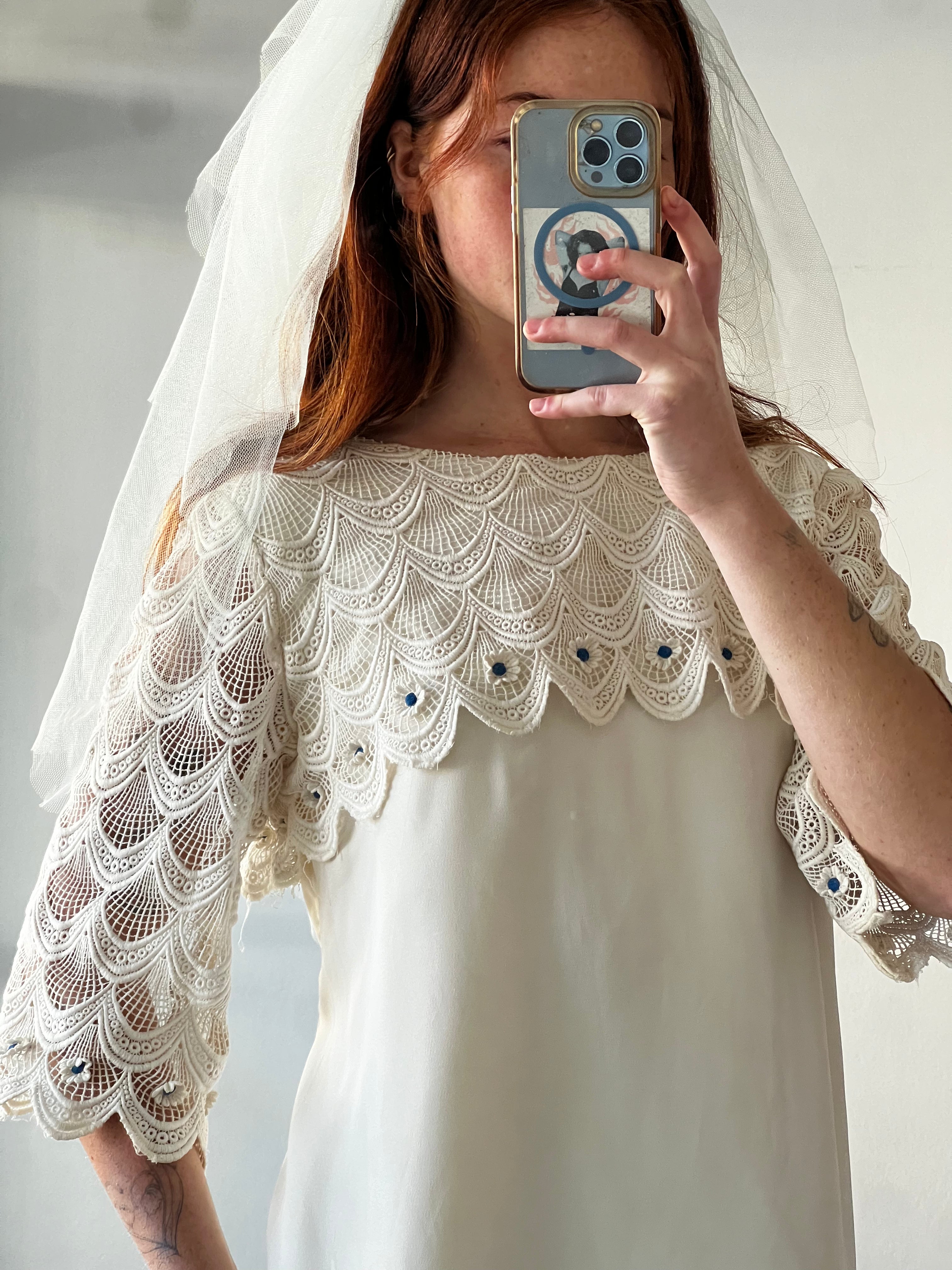 70s Crochet Lace Blue Daisy Detail Mini