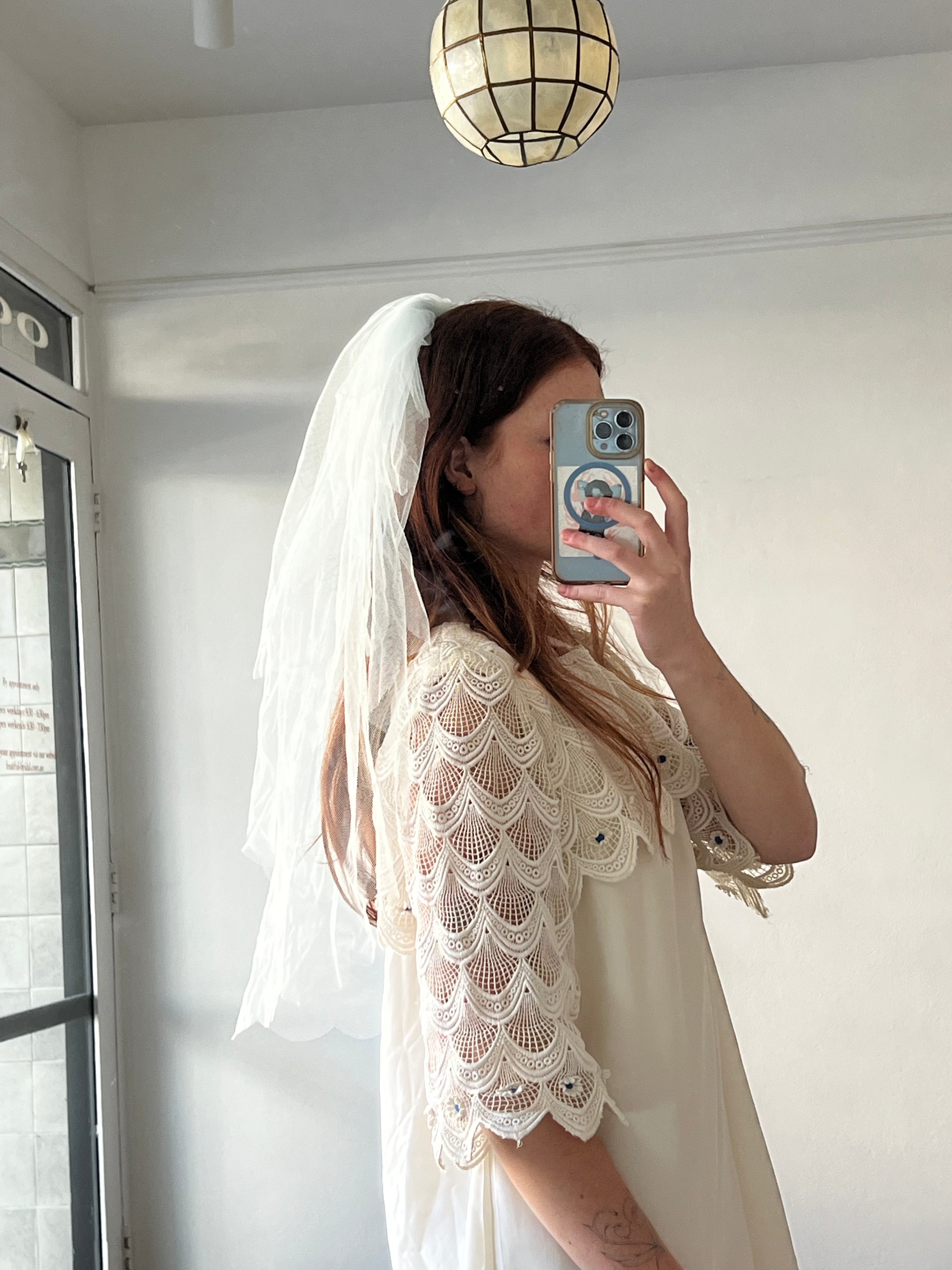 50s Elbow Length Pale Blue Scalloped Trim Veil