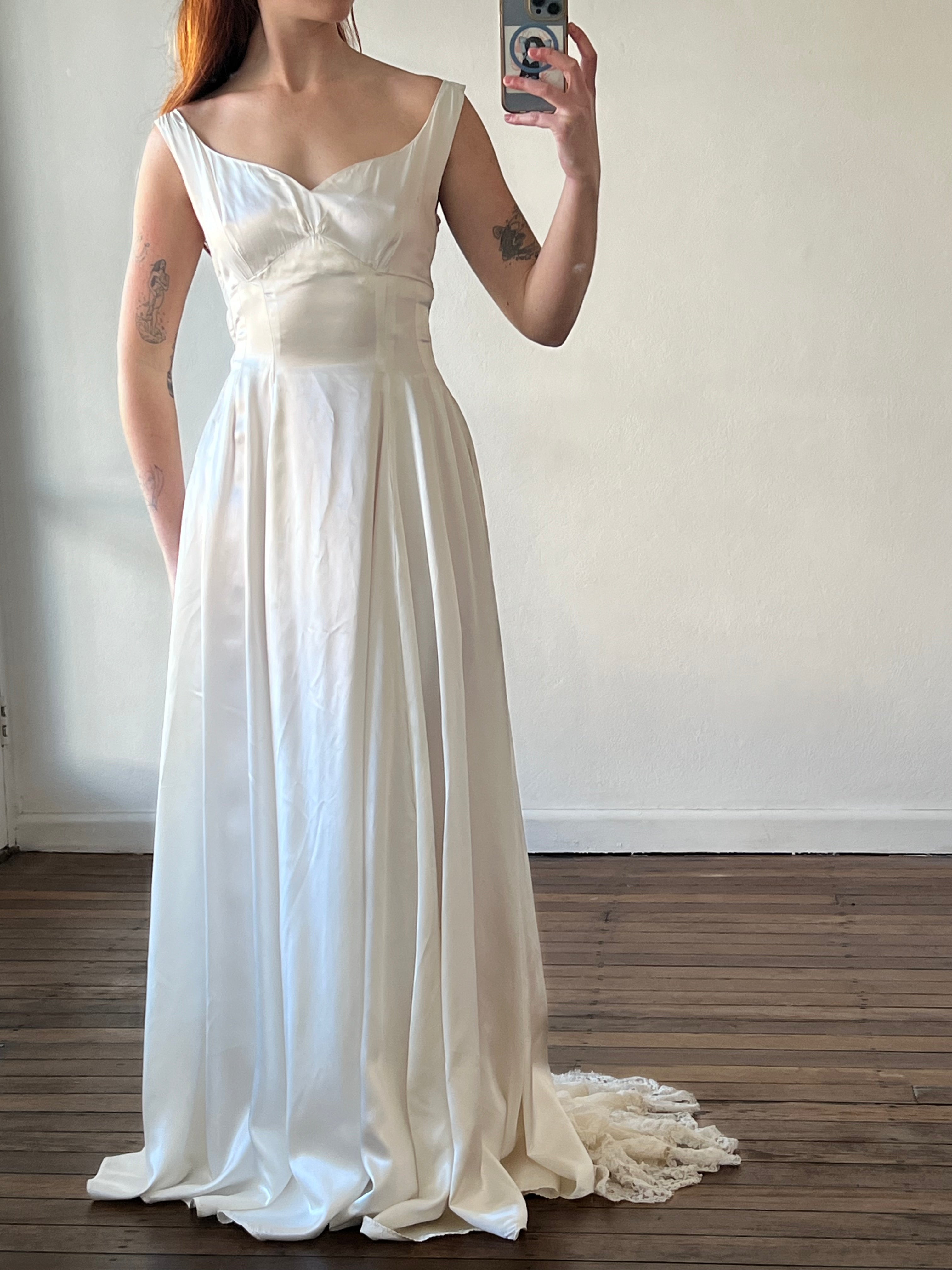 30s Liquid Silk Chantilly Lace Train Dress