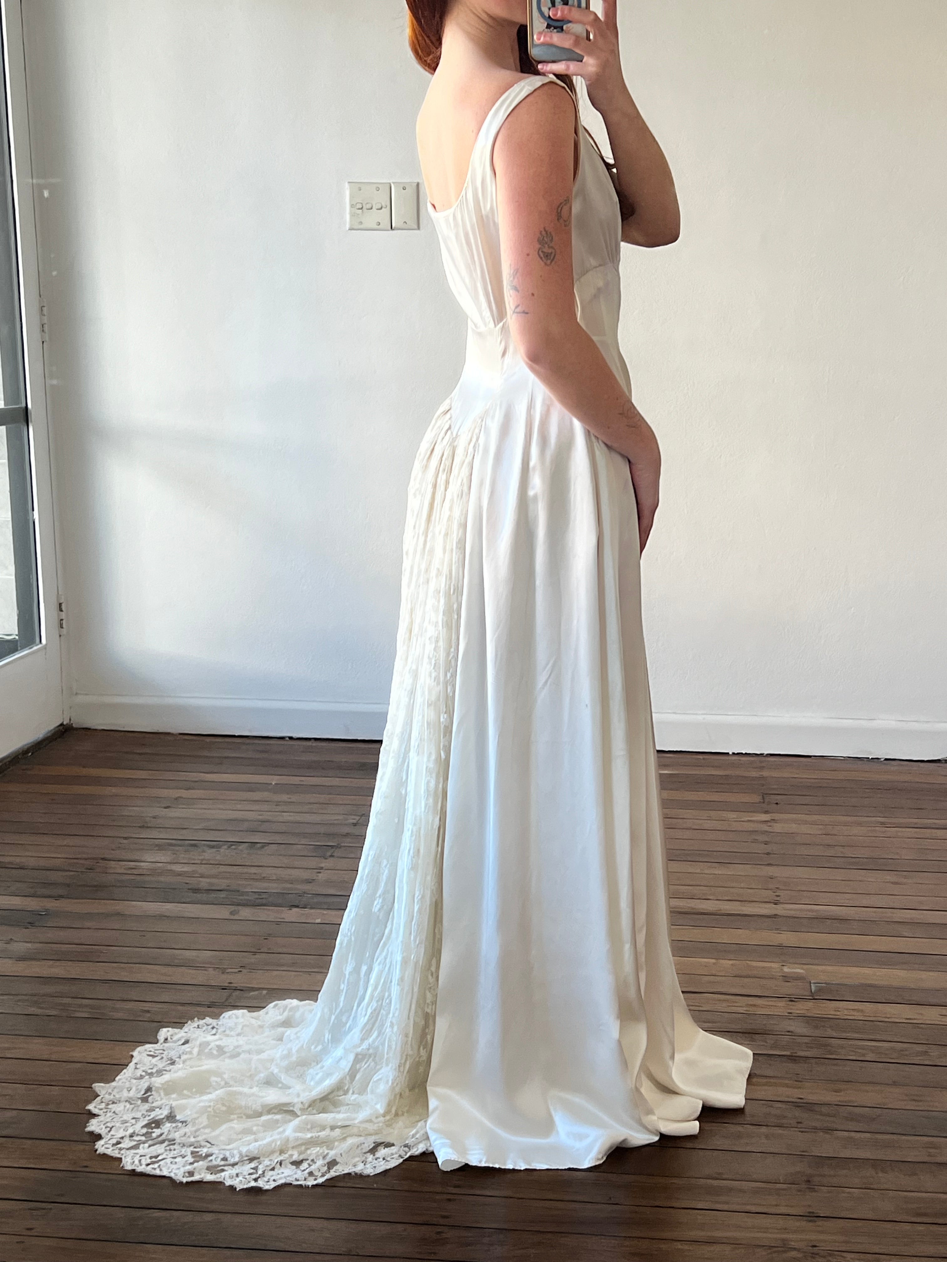 30s Liquid Silk Chantilly Lace Train Dress