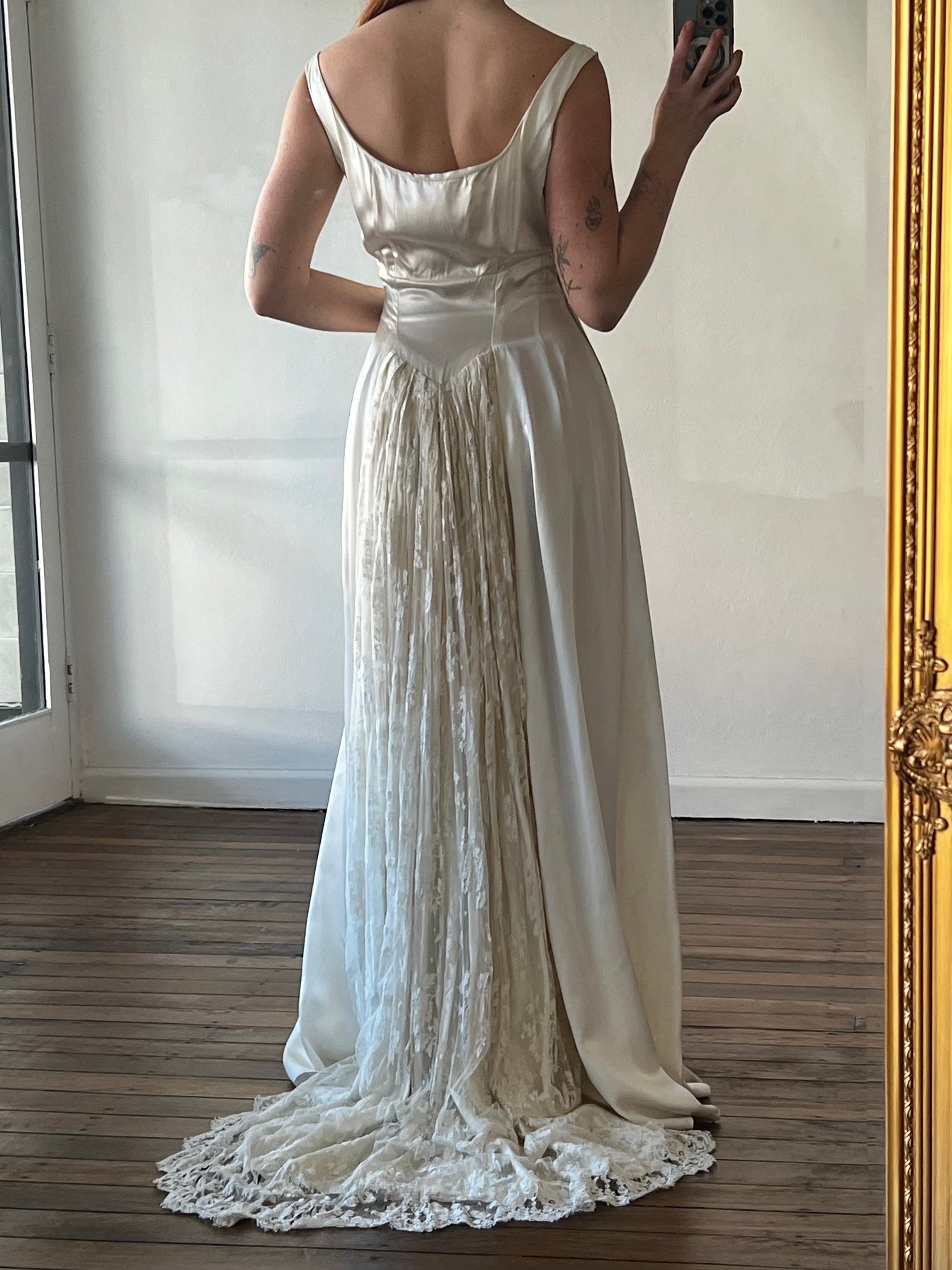 30s Liquid Silk Chantilly Lace Train Dress