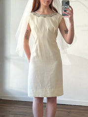 60s Art Deco Metallic Trim Neckline Shift Mini